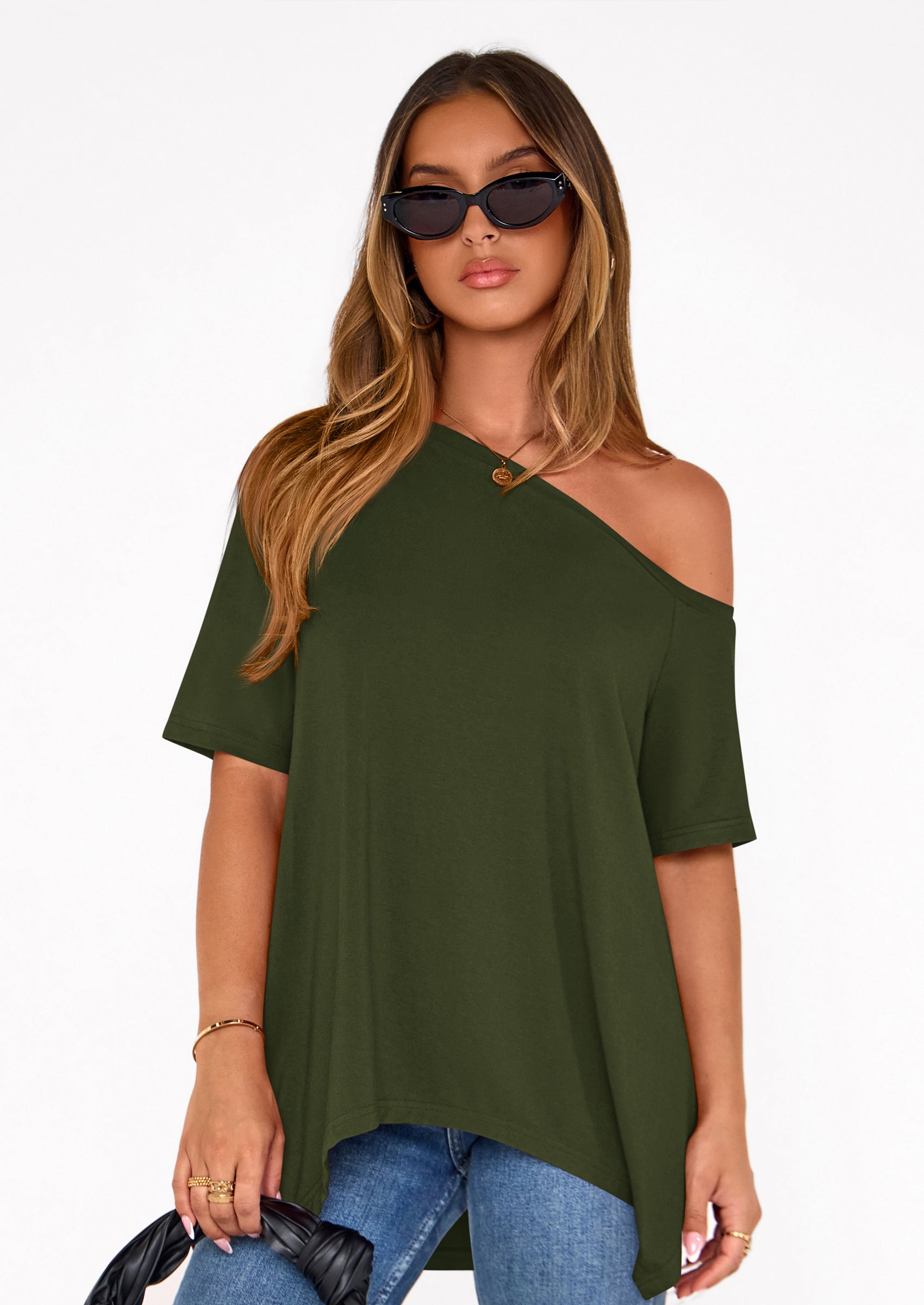 PRETTYGARDEN Off The Shoulder Tops for Women Summer Short Sleeve Asymmetrical Oversized Tee Shirts Casual Spring Clothes PRETTYGARDEN