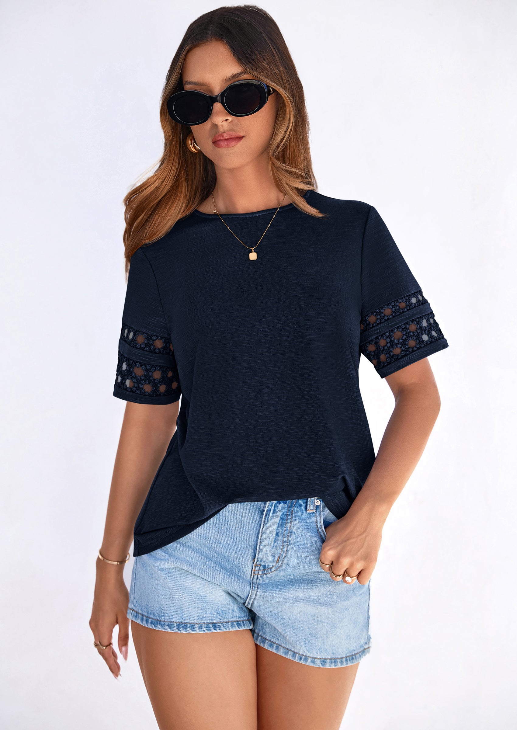 PRETTYGARDEN Summer Tops for Women Lace Short Sleeve T-Shirts Casual Blouses Spring Fashion Clothes Vacation Outfits PRETTYGARDEN