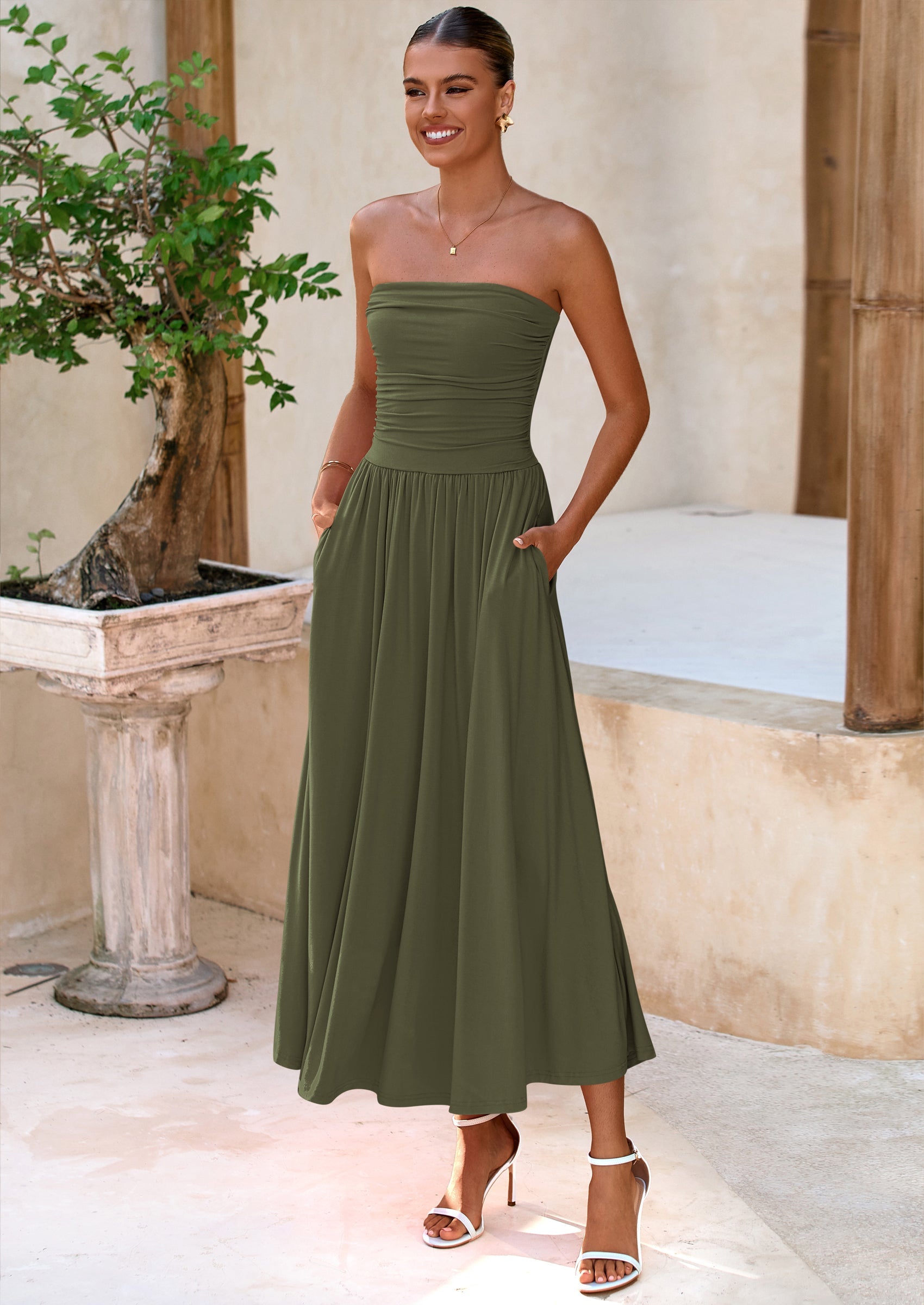 BTFBM Summer Maxi Dresses for Women Strapless Ruched Tube Top Beach Vacation Spring Wedding Guest Dress Pockets PRETTYGARDEN