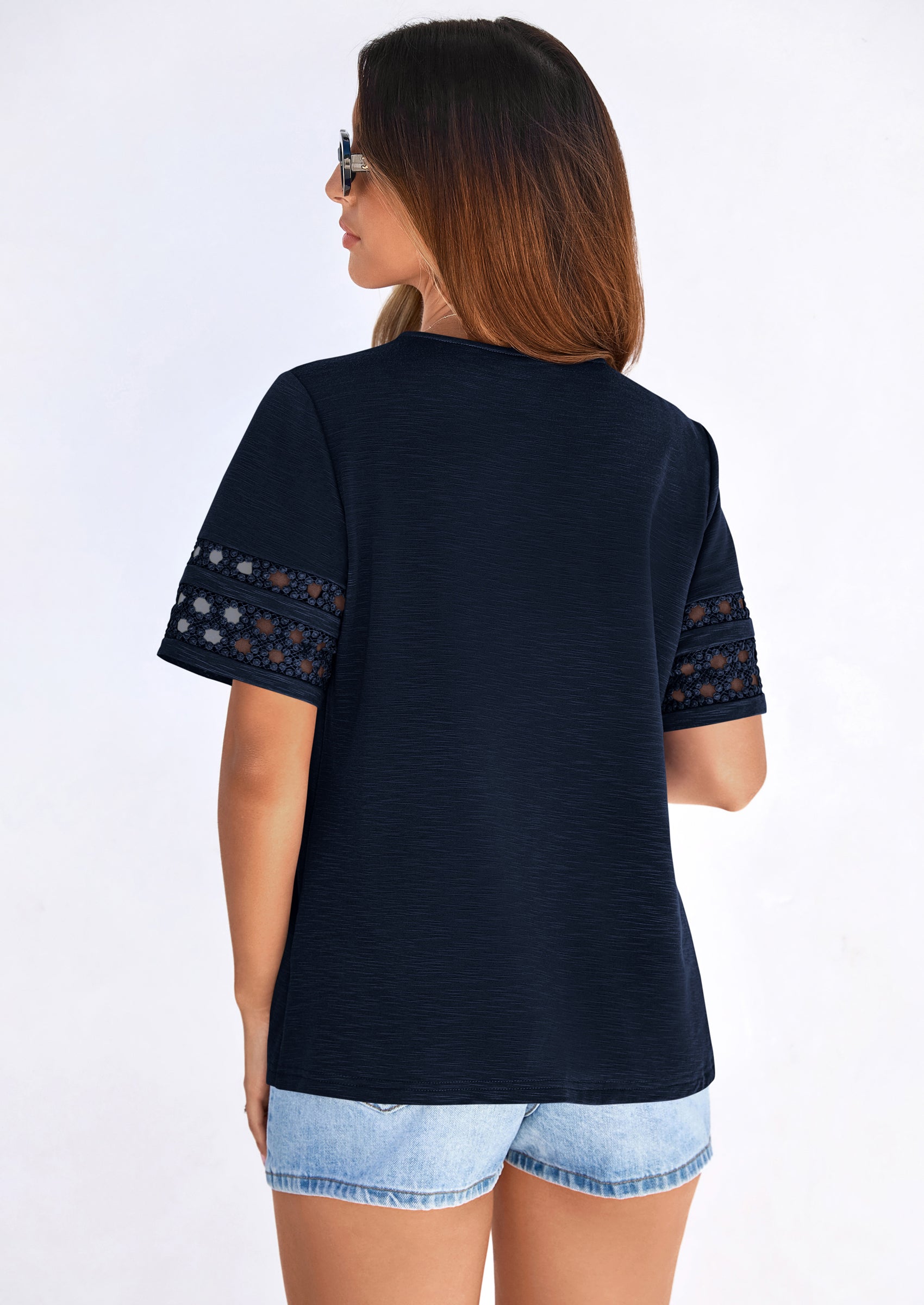 PRETTYGARDEN Summer Tops for Women Lace Short Sleeve T-Shirts Casual Blouses Spring Fashion Clothes Vacation Outfits PRETTYGARDEN