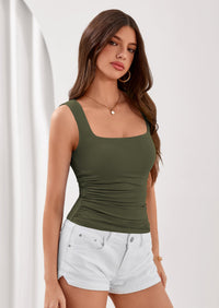 PRETTYGARDEN Tank Top for Women Summer Sleeveless Square Neck Double Lined Ruched Crop Tops Spring Going Out Y2k Clothes PRETTYGARDEN