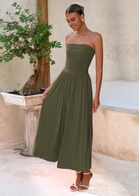 BTFBM Summer Maxi Dresses for Women Strapless Ruched Tube Top Beach Vacation Spring Wedding Guest Dress Pockets PRETTYGARDEN