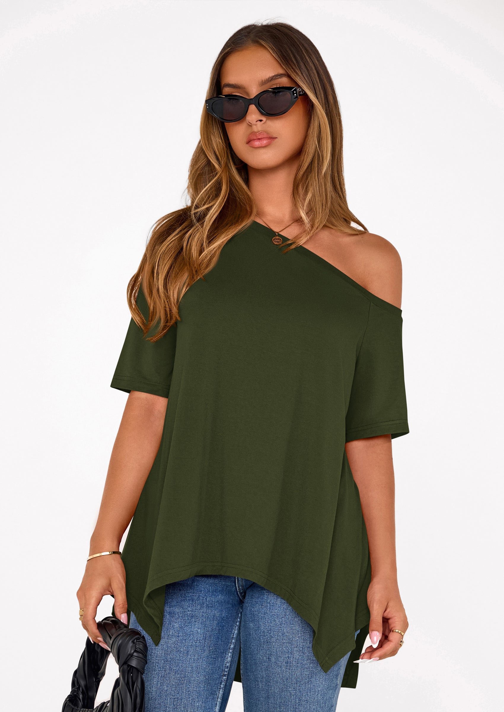 PRETTYGARDEN Off The Shoulder Tops for Women Summer Short Sleeve Asymmetrical Oversized Tee Shirts Casual Spring Clothes PRETTYGARDEN