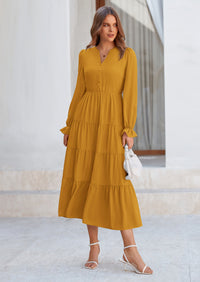 PRETTYGARDEN Women Fall Long Sleeve Smocked Maxi Dress Casual Square Neck Swiss Dot Tiered Ruffle Flowy Spring Pocket Dresses