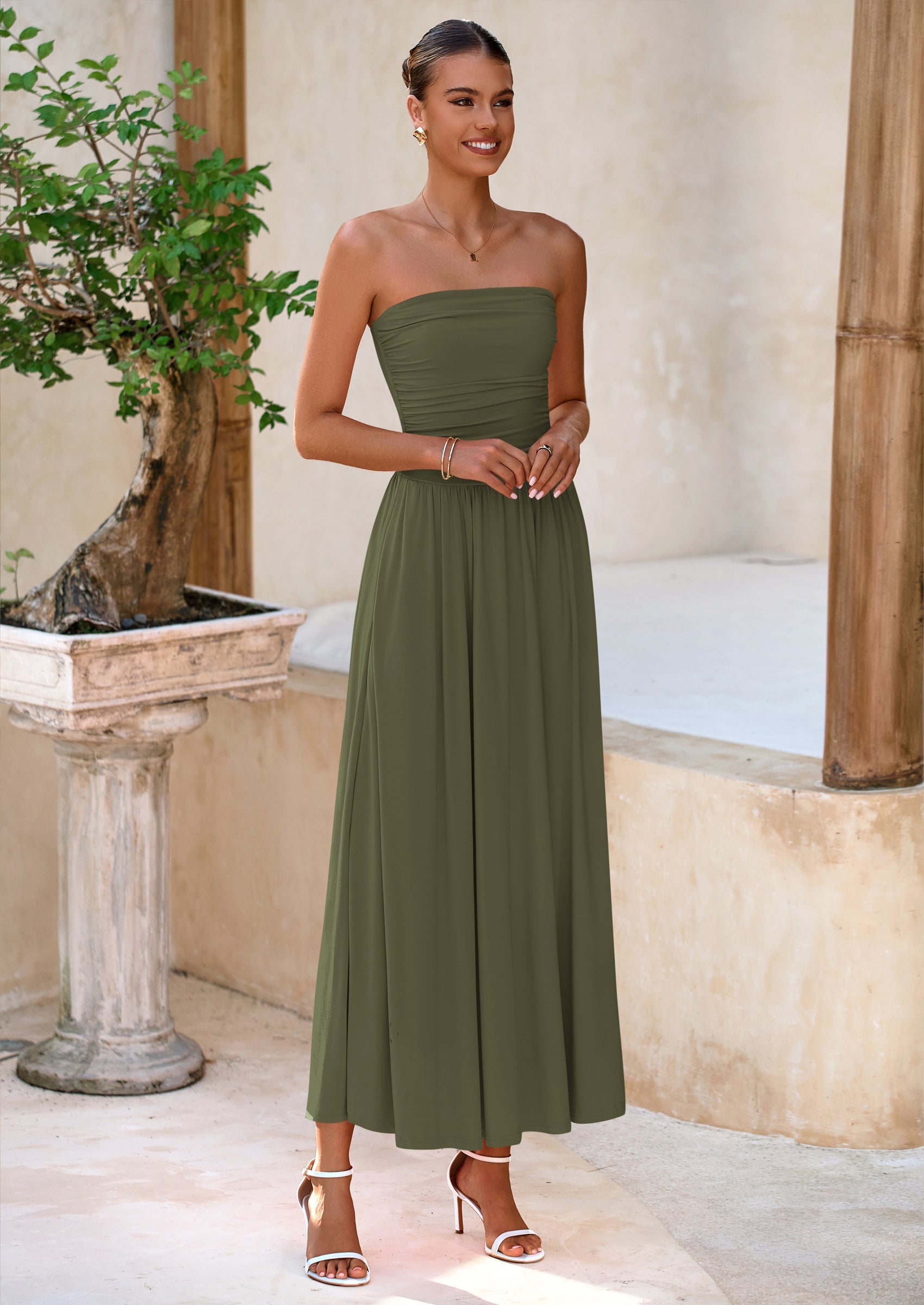 BTFBM Summer Maxi Dresses for Women Strapless Ruched Tube Top Beach Vacation Spring Wedding Guest Dress Pockets PRETTYGARDEN