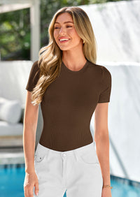 PRETTYGARDEN Body Suits for Womens Summer Tops Casual Short Sleeve Ribbed Fitted Basic Tee Shirts Spring Fashion Clothes