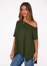 PRETTYGARDEN Off The Shoulder Tops for Women Summer Short Sleeve Asymmetrical Oversized Tee Shirts Casual Spring Clothes PRETTYGARDEN