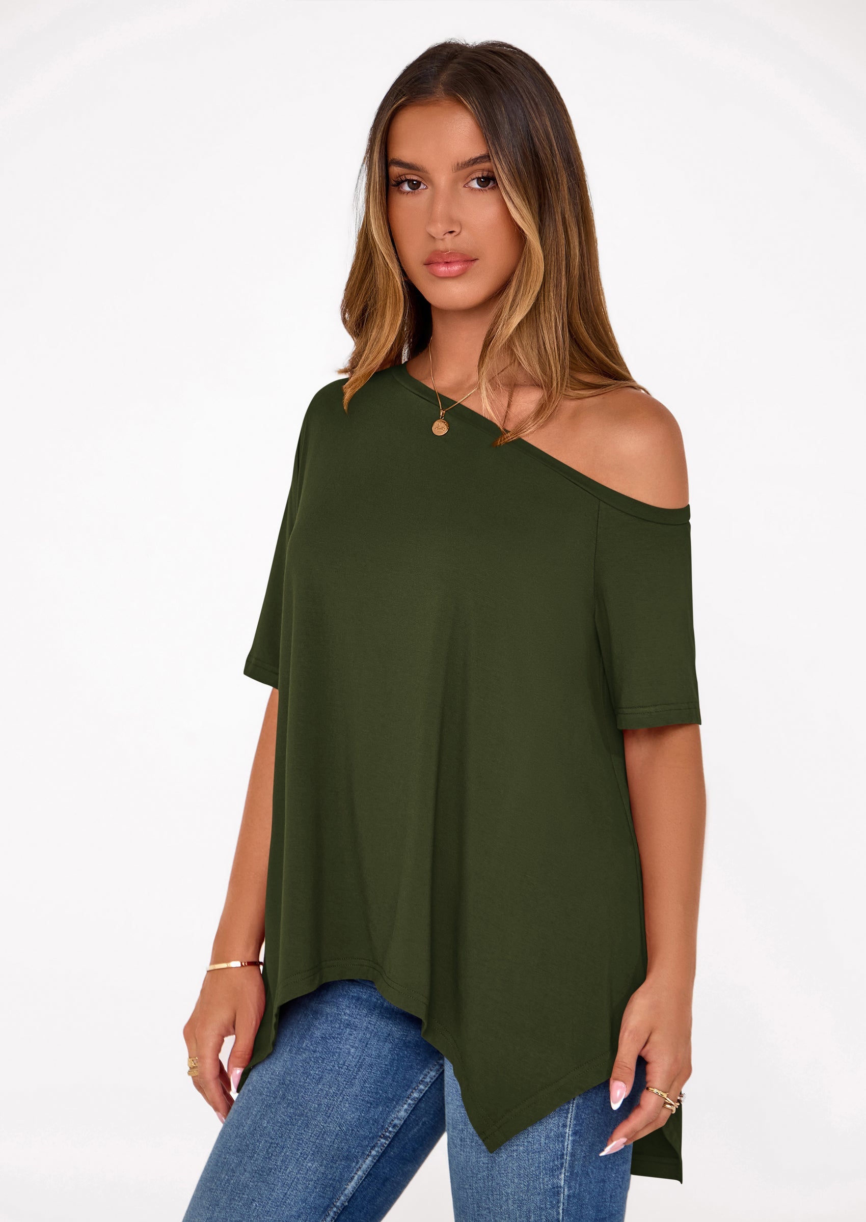 PRETTYGARDEN Off The Shoulder Tops for Women Summer Short Sleeve Asymmetrical Oversized Tee Shirts Casual Spring Clothes PRETTYGARDEN