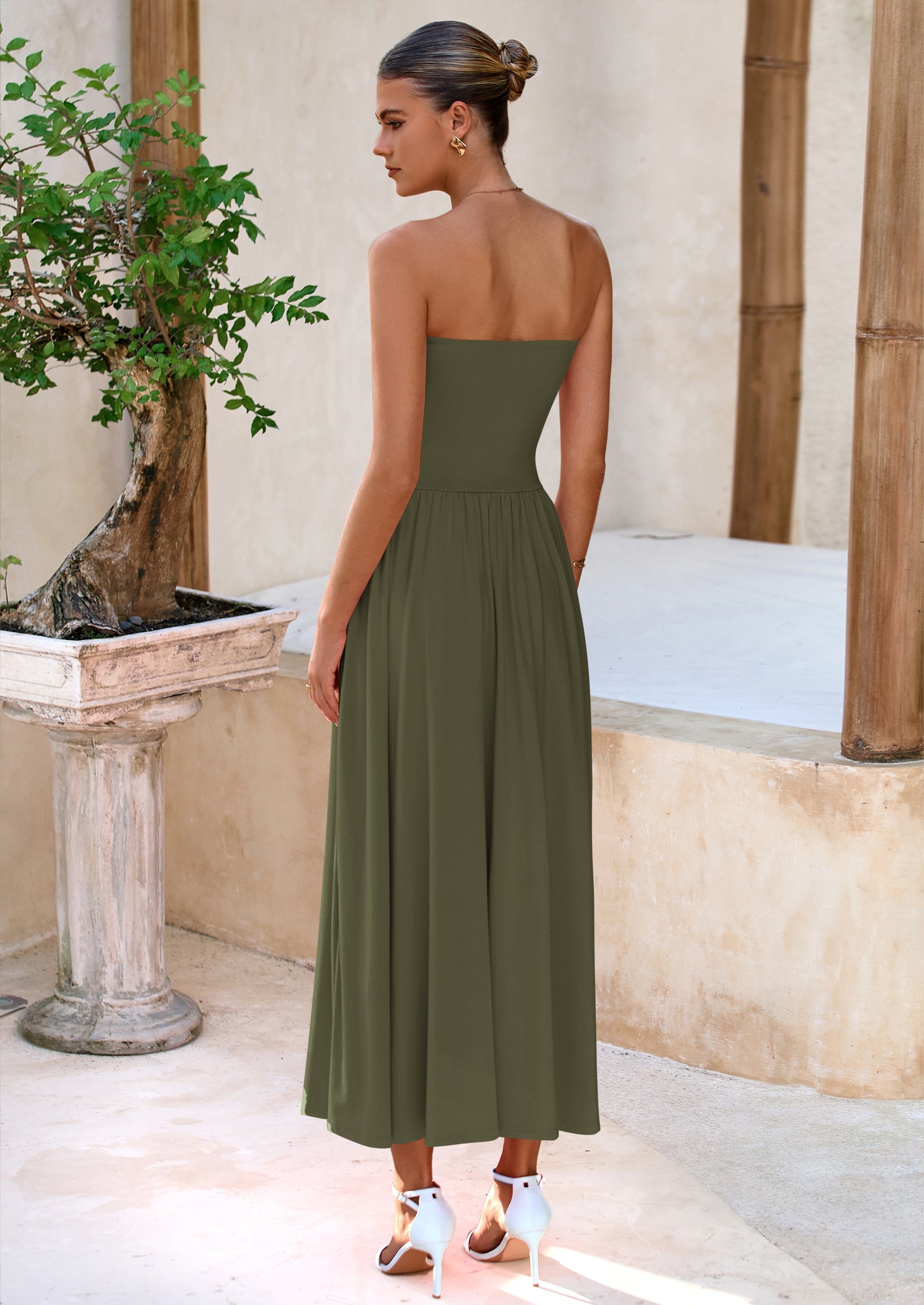 BTFBM Summer Maxi Dresses for Women Strapless Ruched Tube Top Beach Vacation Spring Wedding Guest Dress Pockets PRETTYGARDEN