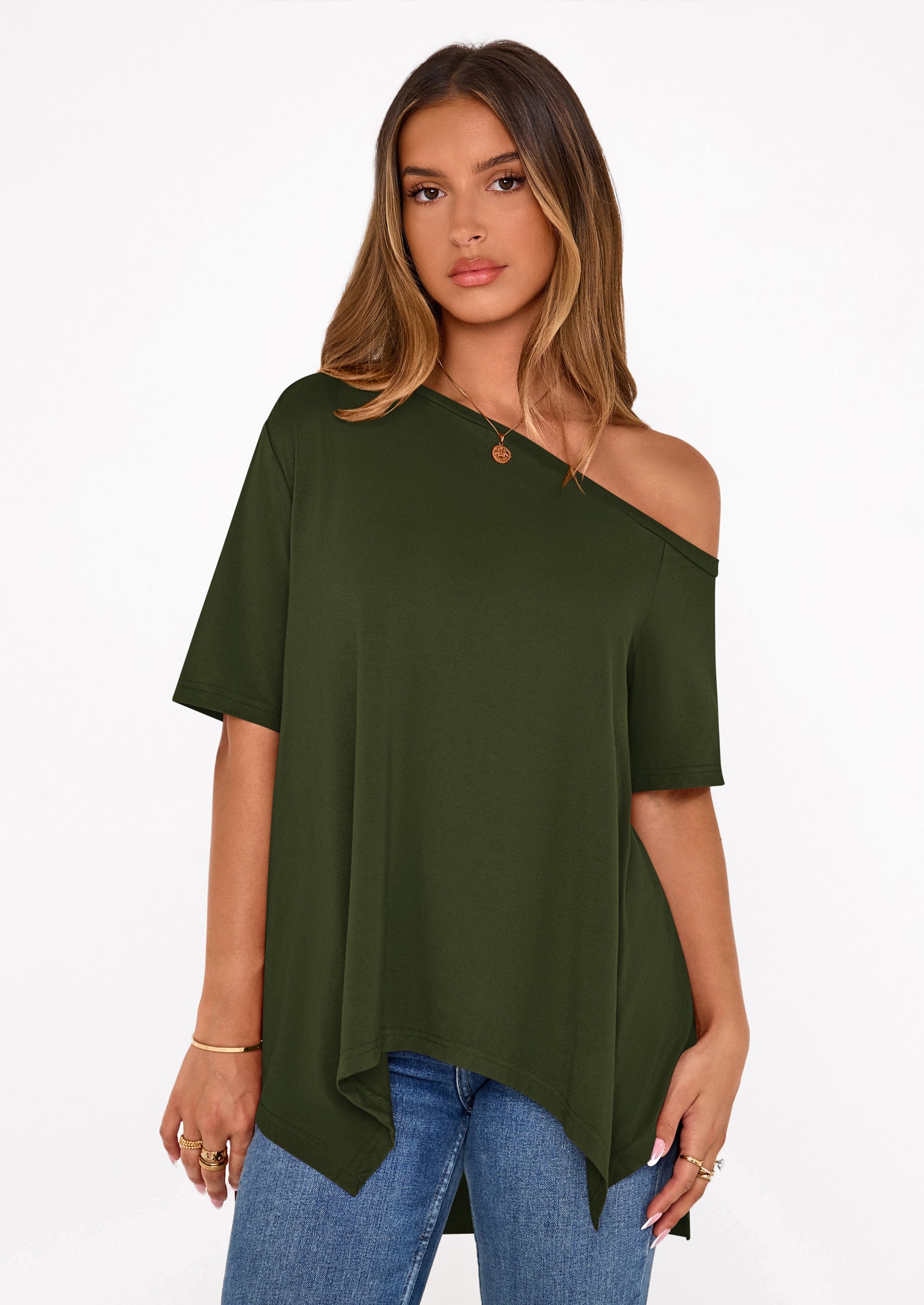 PRETTYGARDEN Off The Shoulder Tops for Women Summer Short Sleeve Asymmetrical Oversized Tee Shirts Casual Spring Clothes PRETTYGARDEN