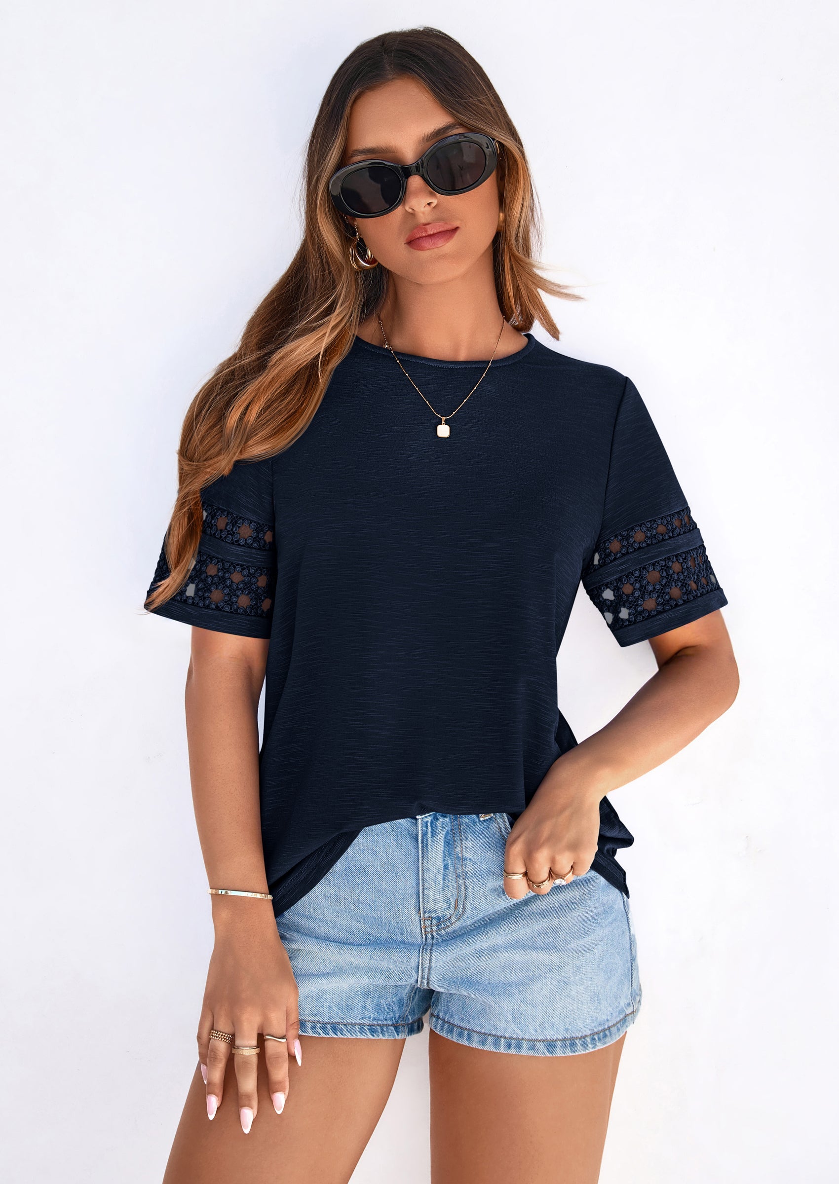 PRETTYGARDEN Summer Tops for Women Lace Short Sleeve T-Shirts Casual Blouses Spring Fashion Clothes Vacation Outfits PRETTYGARDEN