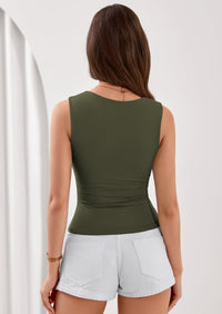 PRETTYGARDEN Tank Top for Women Summer Sleeveless Square Neck Double Lined Ruched Crop Tops Spring Going Out Y2k Clothes PRETTYGARDEN