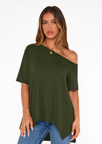 PRETTYGARDEN Off The Shoulder Tops for Women Summer Short Sleeve Asymmetrical Oversized Tee Shirts Casual Spring Clothes PRETTYGARDEN