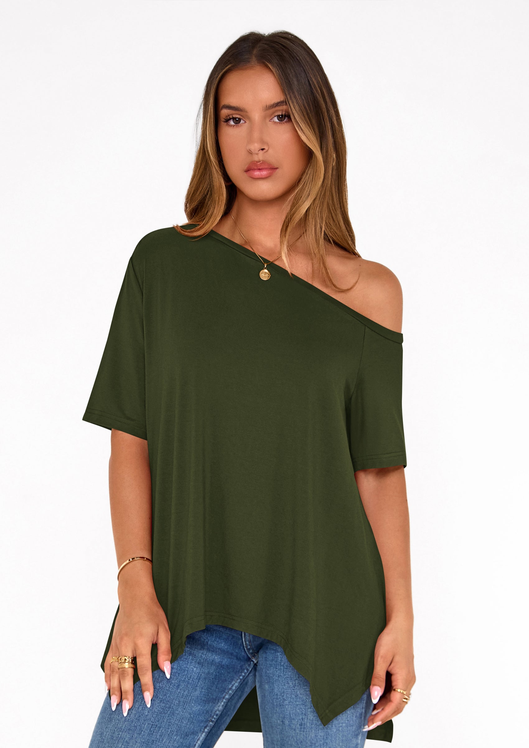 PRETTYGARDEN Off The Shoulder Tops for Women Summer Short Sleeve Asymmetrical Oversized Tee Shirts Casual Spring Clothes PRETTYGARDEN