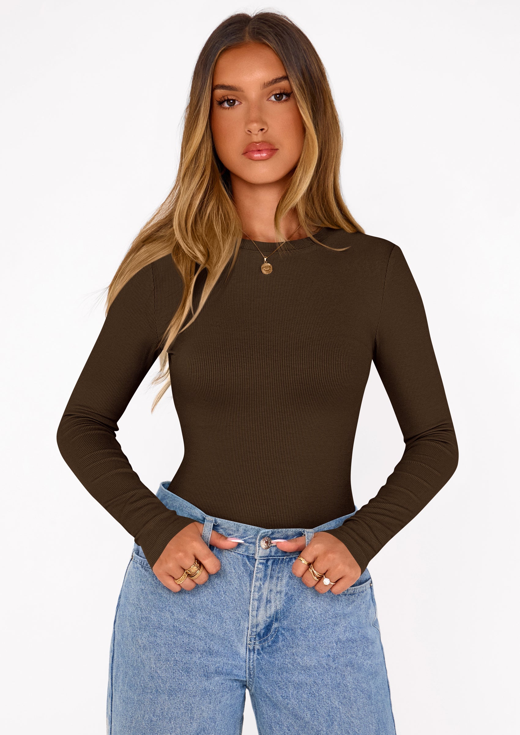 PRETTYGARDEN Bodysuits for Women 2025 Fall Long Sleeve Shirts Slim Fitted Basic Ribbed Layering Tops Fashion Winter Clothing PRETTYGARDEN