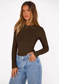 PRETTYGARDEN Bodysuits for Women 2025 Fall Long Sleeve Shirts Slim Fitted Basic Ribbed Layering Tops Fashion Winter Clothing PRETTYGARDEN