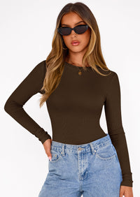 PRETTYGARDEN Bodysuits for Women 2025 Fall Long Sleeve Shirts Slim Fitted Basic Ribbed Layering Tops Fashion Winter Clothing PRETTYGARDEN