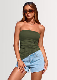 PRETTYGARDEN Womens Summer Tube Tops Trendy Strapless Ruched Going Out Tops Outfits Asymmetrical Bandeau Shirts