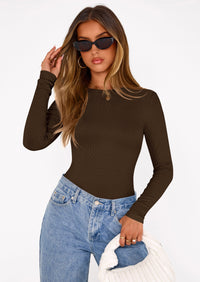 PRETTYGARDEN Bodysuits for Women 2025 Fall Long Sleeve Shirts Slim Fitted Basic Ribbed Layering Tops Fashion Winter Clothing PRETTYGARDEN