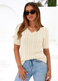 PRETTYGARDEN Womens Summer Short Sleeve Sweater Cable Knit V Neck Sweaters Shirts Fitted Work Tops Business Casual Outfits PRETTYGARDEN