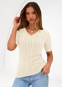 PRETTYGARDEN Womens Summer Short Sleeve Sweater Cable Knit V Neck Sweaters Shirts Fitted Work Tops Business Casual Outfits PRETTYGARDEN