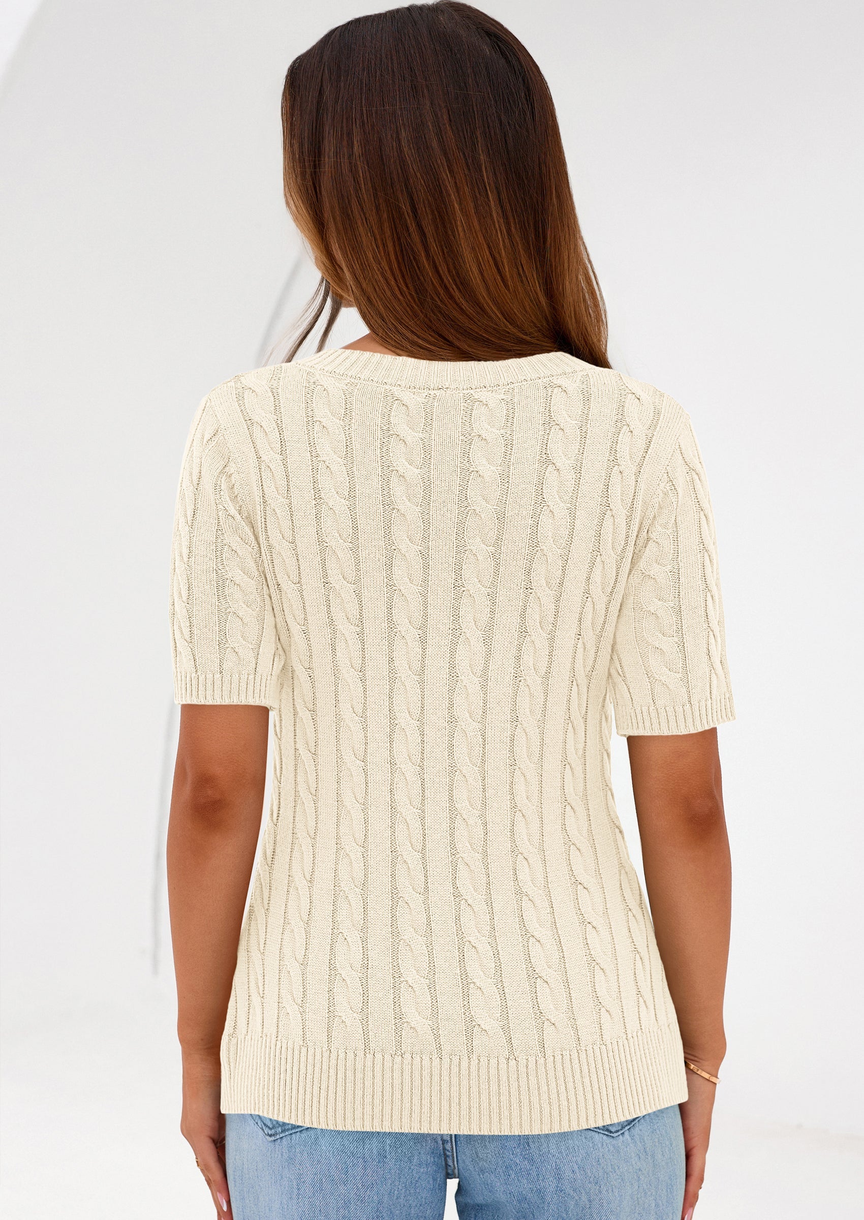 PRETTYGARDEN Womens Summer Short Sleeve Sweater Cable Knit V Neck Sweaters Shirts Fitted Work Tops Business Casual Outfits PRETTYGARDEN
