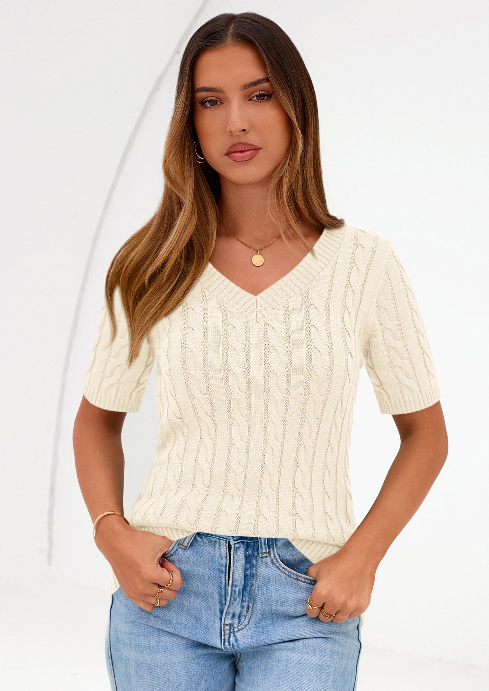 PRETTYGARDEN Womens Summer Short Sleeve Sweater Cable Knit V Neck Sweaters Shirts Fitted Work Tops Business Casual Outfits PRETTYGARDEN