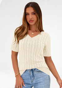 PRETTYGARDEN Womens Summer Short Sleeve Sweater Cable Knit V Neck Sweaters Shirts Fitted Work Tops Business Casual Outfits PRETTYGARDEN
