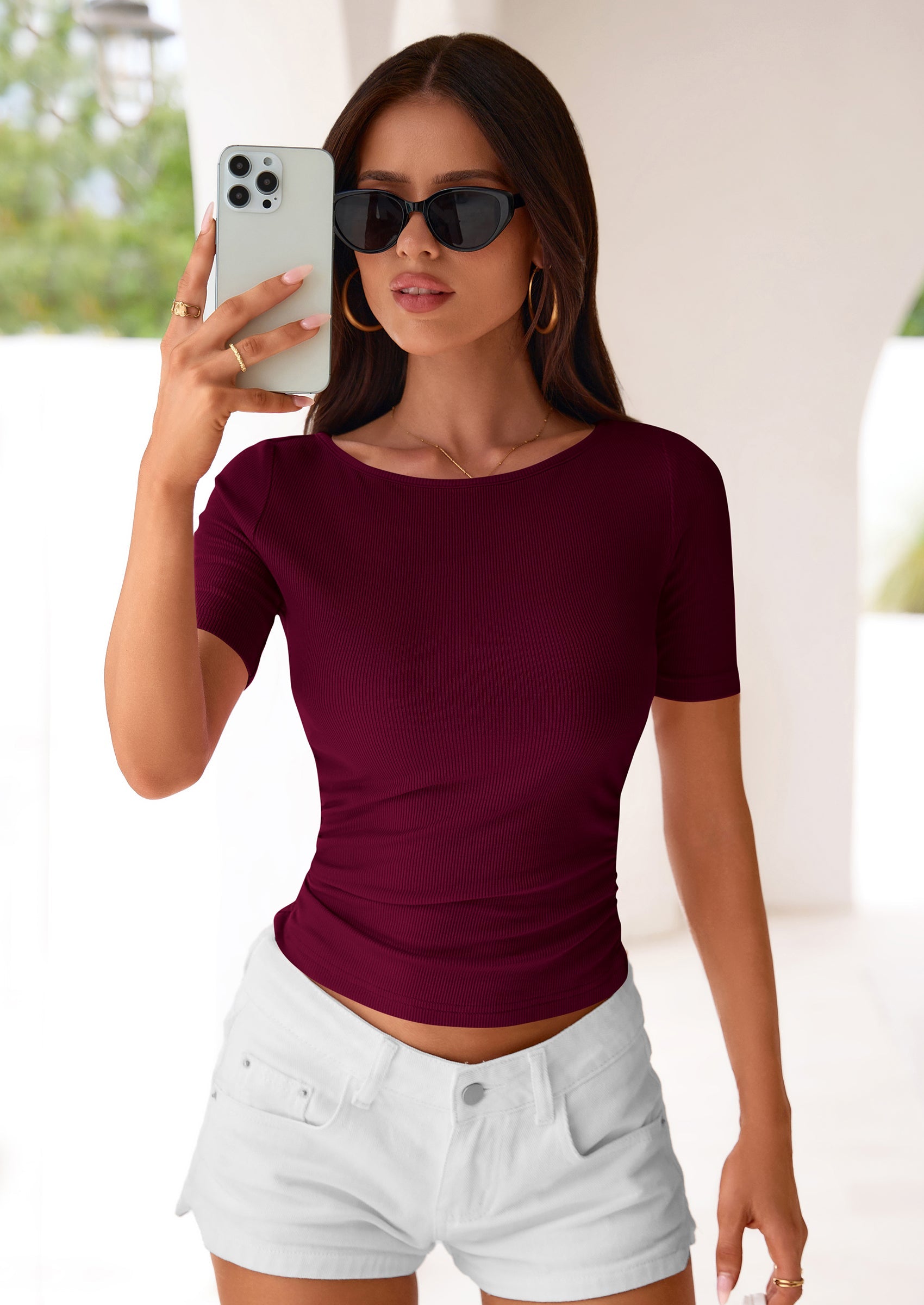 PRETTYGARDEN Womens Summer Short Sleeve Tops Boat Neck Ribbed Knit Slim Fit T Shirt Casual Basic Top Spring Clothes PRETTYGARDEN