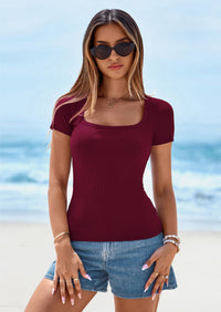 PRETTYGARDEN Womens Summer Tops Spring Trendy Short Sleeve Scoop Neck Ribbed Knit Slim Fitted Casual Basic Tee Shirts PRETTYGARDEN