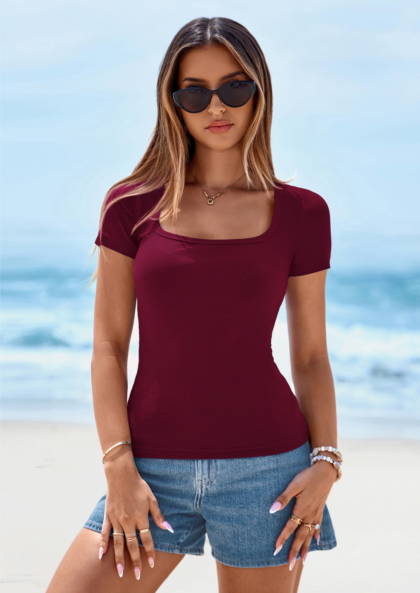 PRETTYGARDEN Womens Summer Tops Spring Trendy Short Sleeve Scoop Neck Ribbed Knit Slim Fitted Casual Basic Tee Shirts PRETTYGARDEN