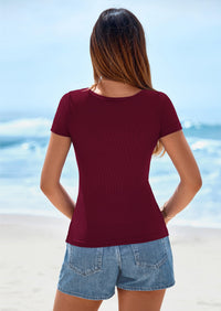 PRETTYGARDEN Womens Summer Tops Spring Trendy Short Sleeve Scoop Neck Ribbed Knit Slim Fitted Casual Basic Tee Shirts PRETTYGARDEN