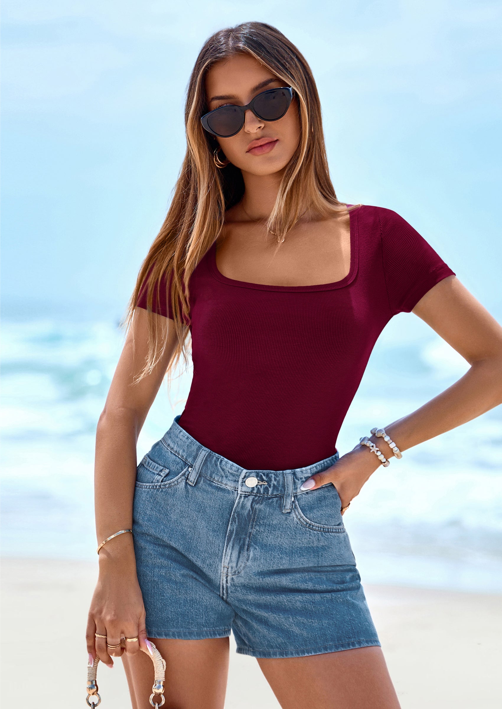 PRETTYGARDEN Womens Summer Tops Spring Trendy Short Sleeve Scoop Neck Ribbed Knit Slim Fitted Casual Basic Tee Shirts PRETTYGARDEN