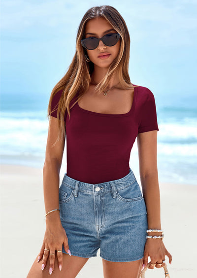 PRETTYGARDEN Womens Summer Tops Spring Trendy Short Sleeve Scoop Neck Ribbed Knit Slim Fitted Casual Basic Tee Shirts PRETTYGARDEN