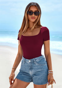 PRETTYGARDEN Womens Summer Tops Spring Trendy Short Sleeve Scoop Neck Ribbed Knit Slim Fitted Casual Basic Tee Shirts PRETTYGARDEN