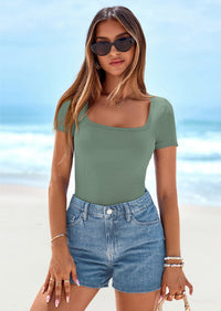 PRETTYGARDEN Womens Summer Tops Spring Trendy Short Sleeve Scoop Neck Ribbed Knit Slim Fitted Casual Basic Tee Shirts PRETTYGARDEN