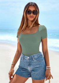 PRETTYGARDEN Womens Summer Tops Spring Trendy Short Sleeve Scoop Neck Ribbed Knit Slim Fitted Casual Basic Tee Shirts PRETTYGARDEN