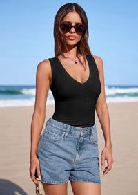 PRETTYGARDEN V Neck Tank Tops for Women Summer Outfits Ribbed Knit Shirts Casual Basic Tees Sleeveless Camisole Vest PRETTYGARDEN