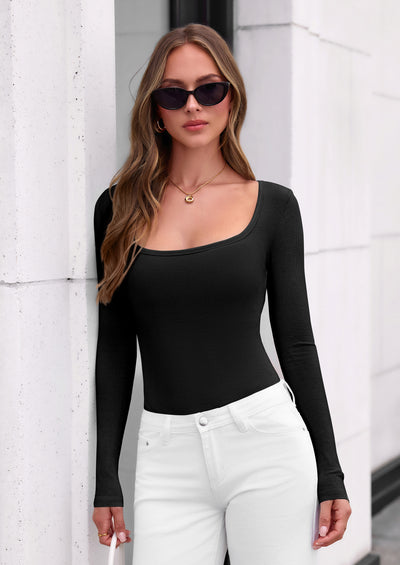 PRETTYGARDEN Bodysuits for Women Fall Long Sleeve Body Suits Scoop Neck Ribbed Knit Fitted Basic Tops Soft Tee Shirts