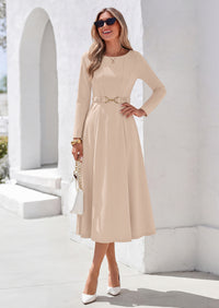 PRETTYGARDEN Women's Fall Long Sleeve Semi Formal Midi Dresses with Pockets Boat Neck, Metal Buckle Tie Waist, Flowy A Line, Elegant Classy Wedding Guest Cocktail Party Dress, Business Casual Outfits