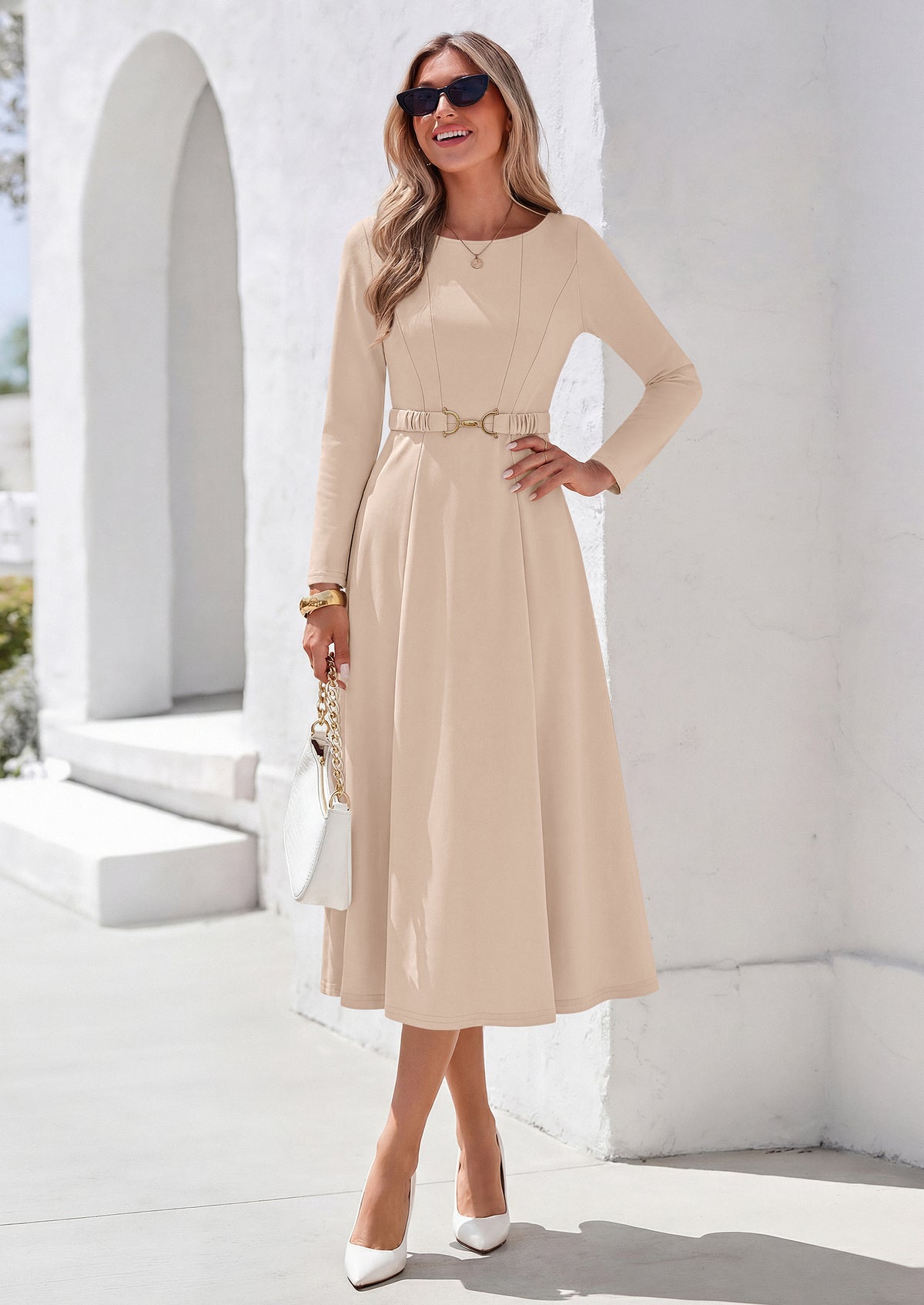 PRETTYGARDEN Women's Fall Long Sleeve Semi Formal Midi Dresses with Pockets Boat Neck, Metal Buckle Tie Waist, Flowy A Line, Elegant Classy Wedding Guest Cocktail Party Dress, Business Casual Outfits