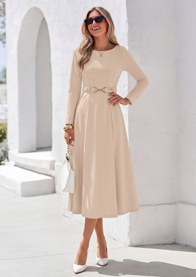PRETTYGARDEN Women's Fall Long Sleeve Semi Formal Midi Dresses with Pockets Boat Neck, Metal Buckle Tie Waist, Flowy A Line, Elegant Classy Wedding Guest Cocktail Party Dress, Business Casual Outfits