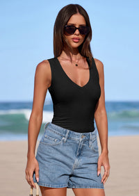 PRETTYGARDEN V Neck Tank Tops for Women Summer Outfits Ribbed Knit Shirts Casual Basic Tees Sleeveless Camisole Vest PRETTYGARDEN