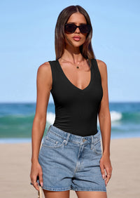 PRETTYGARDEN V Neck Tank Tops for Women Summer Outfits Ribbed Knit Shirts Casual Basic Tees Sleeveless Camisole Vest PRETTYGARDEN