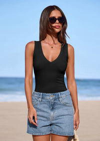 PRETTYGARDEN V Neck Tank Tops for Women Summer Outfits Ribbed Knit Shirts Casual Basic Tees Sleeveless Camisole Vest PRETTYGARDEN