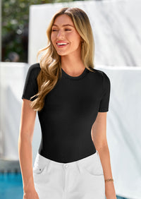 PRETTYGARDEN Body Suits for Womens Summer Tops Casual Short Sleeve Ribbed Fitted Basic Tee Shirts Spring Fashion Clothes