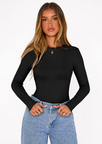 PRETTYGARDEN Bodysuits for Women 2025 Fall Long Sleeve Shirts Slim Fitted Basic Ribbed Layering Tops Fashion Winter Clothing PRETTYGARDEN