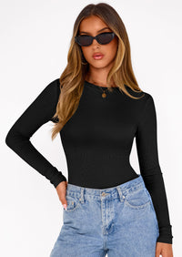 PRETTYGARDEN Bodysuits for Women 2025 Fall Long Sleeve Shirts Slim Fitted Basic Ribbed Layering Tops Fashion Winter Clothing PRETTYGARDEN