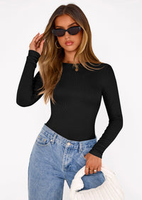 PRETTYGARDEN Bodysuits for Women 2025 Fall Long Sleeve Shirts Slim Fitted Basic Ribbed Layering Tops Fashion Winter Clothing PRETTYGARDEN