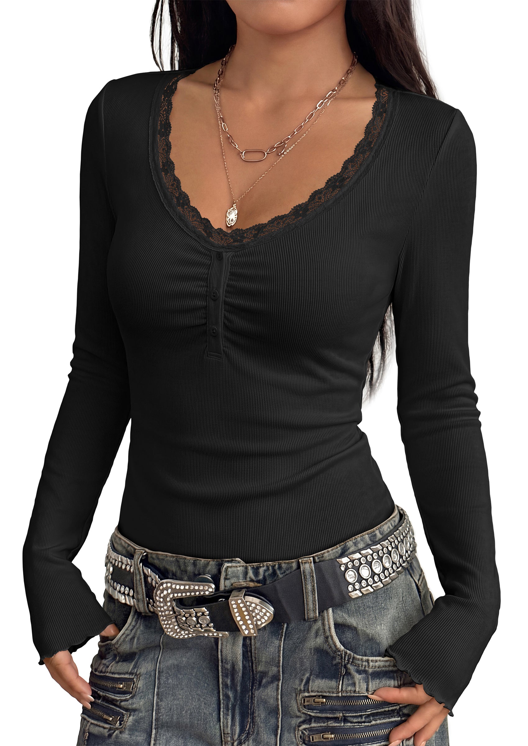 PRETTYGARDEN Womens Fall Long Sleeve Tops Lace Trim V Neck Button Henley Tshirts Slim Fitted Going Out Y2k Basic Shirts 2026